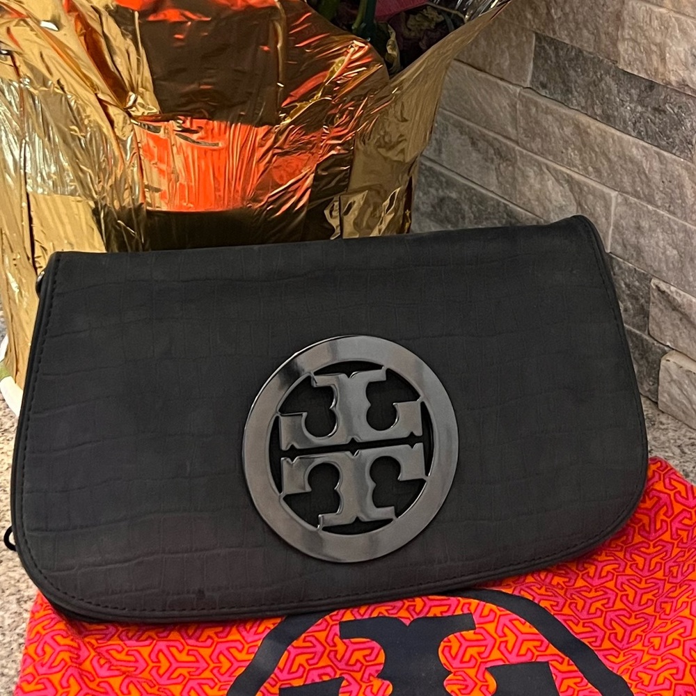 Tory Burch dark grey Croc-Embossed Clutch